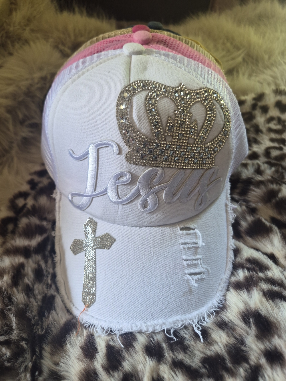White Baseball Cap with Gold Crown & Cross - Jesus Embroidery